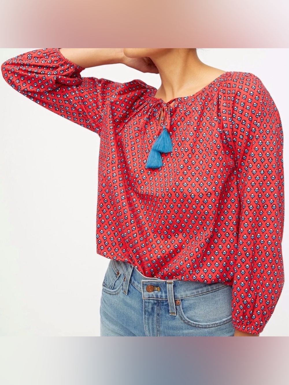 J. Crew Red Printed Peasant Blouse with Blue Tassels